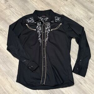 Montero Mens‎ Western Shirt Black Embroidered Tribal Long Sleeve Button Down L